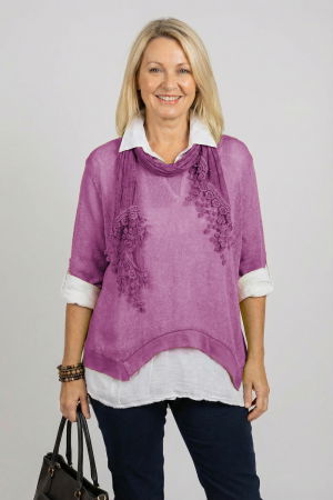 Pulovere - Pulover si camasa trei in unu, cu tricotaj lana si mohair, camasa din bumbac si esarfa cu franjuri dantelati, mov