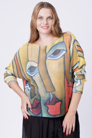 Bluza tricotaj subtire cu imprimeu stil Picasso pe fond galben [1]