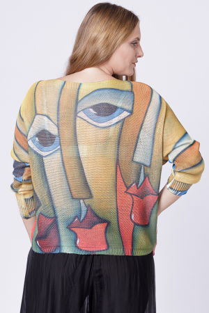 Bluza tricotaj subtire cu imprimeu stil Picasso pe fond galben [2]