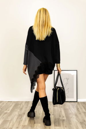 Bluza tunica asimetrica din jerseu negru si gri cu dantela neagra aplicata [1]