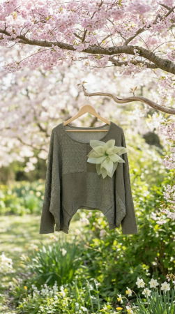 Bluza dama lejera din material gofrat de vascoza cu floare decorativa, verde kaki [1]