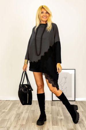 ÎMBRĂCĂMINTE - Bluza tunica asimetrica din jerseu gri negru cu dantela neagra aplicata