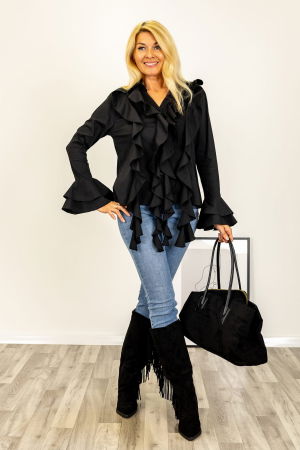 Bluza cu volane la maneci si jabou din bumbac fin si batist negru [3]