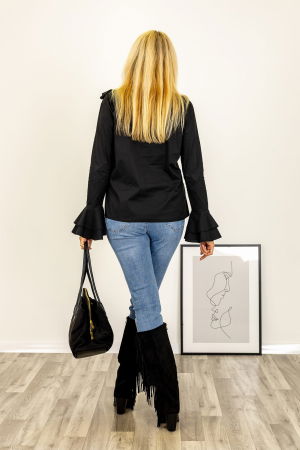 Bluza cu volane la maneci si jabou din bumbac fin si batist negru [4]