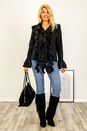 Bluze Casual - Bluza cu volane la maneci si jabou din bumbac fin si batist negru