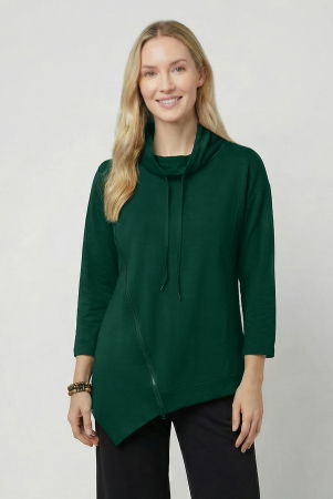 NOUTATI - Bluza tunica cu colt, din vascoza, cu guler inalt, fermoar oblic si croi asimetric, verde