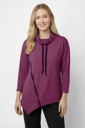 NOUTATI - Bluza tunica cu colt, din bumbac, cu guler inalt reglabil si fermoar oblic, mov zmeura