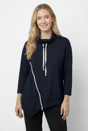 NOUTATI - Bluza tunica cu colt, din bumbac, cu guler inalt reglabil si fermoar oblic, bleumarin