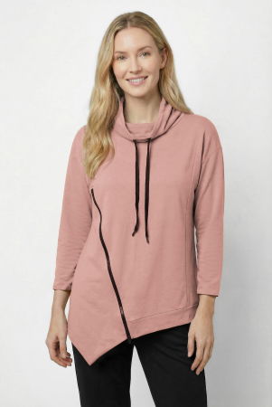 NOUTATI - Bluza tunica cu colt, din bumbac, guler inalt reglabil si fermoar oblic, roz prafuit