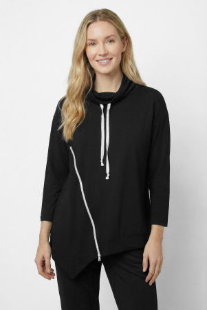 NOUTATI - Bluza tunica cu colt, din bumbac, cu guler inalt reglabil si fermoar oblic, neagra