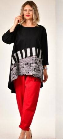 Bluze Casual - Bluza lunga asimetrica cu imprimeu grafic alb-negru