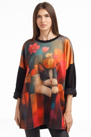 1988 Studio - Bluza tunica oversized neagra cu pisica somnoroasa, din vascoza