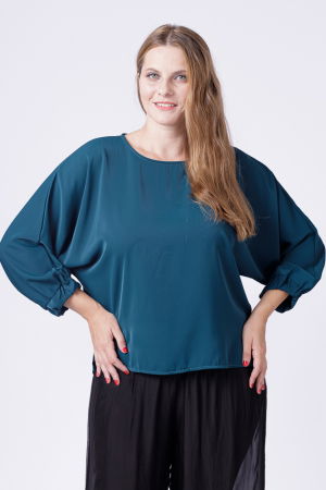 Bluza turcoaz inchis larga cu nasturei pe spate si maneci fluture [1]