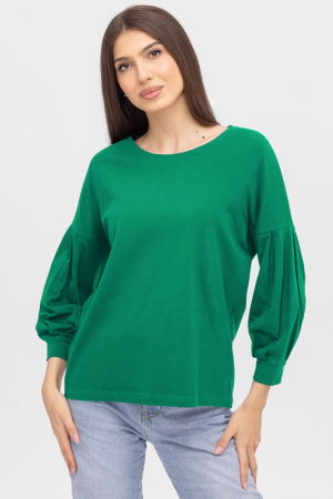 Bluze & Cămăși & Tricouri - Bluza uni cu maneca bufanta din tricot de bumbac, verde