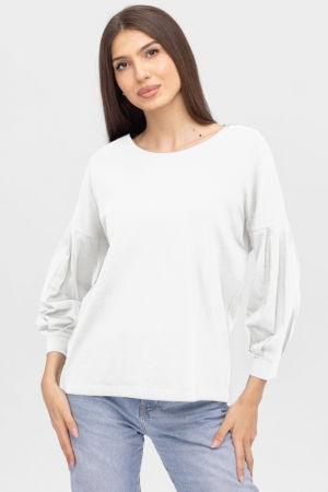 Bluze & Cămăși & Tricouri - Bluza uni cu maneca bufanta din tricot de bumbac, alba