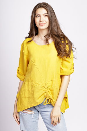 Bluza din in galbena, asimetrica, cu siret pe fata [0]