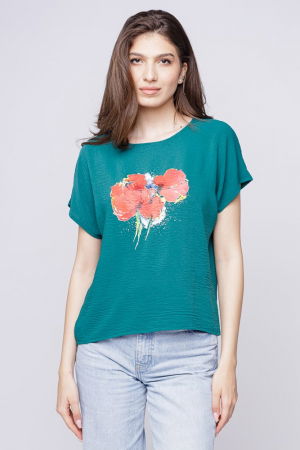 Tricouri Mânecă Scurtă - Bluza verde din vascoza cu imprimeu maci rosii picturali