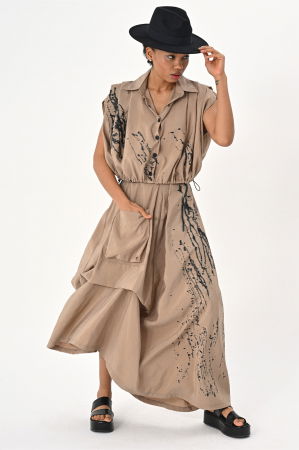 Bluze & Cămăși & Tricouri - Compleu fusta asimetrica si bluza cu siret in talie, camel cu dripping negru