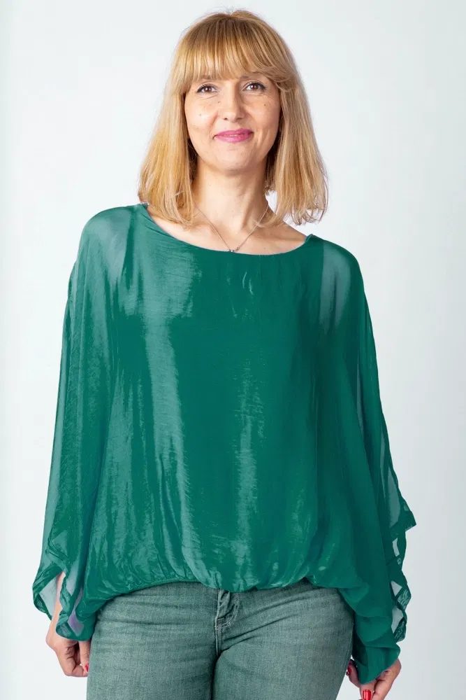 Bluza verde inchis din matase si vascoza cu maneca fluture