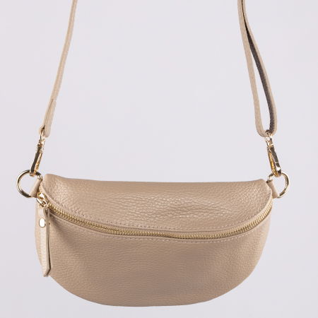 Genți - Borseta din piele naturala cu fermoar si bareta reglabila, bej inchis
