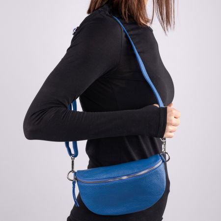 Borseta din piele naturala cu fermoar si bareta reglabila, albastra [2]