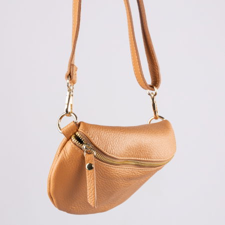 Borseta din piele naturala cu fermoar si bareta reglabila, camel [1]