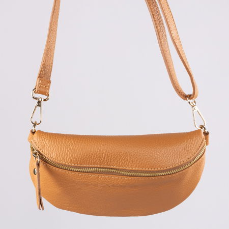 Genți - Borseta din piele naturala cu fermoar si bareta reglabila, camel