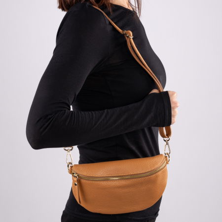 Borseta din piele naturala cu fermoar si bareta reglabila, camel [2]