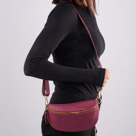 Borseta din piele naturala cu fermoar si bareta reglabila, magenta [2]