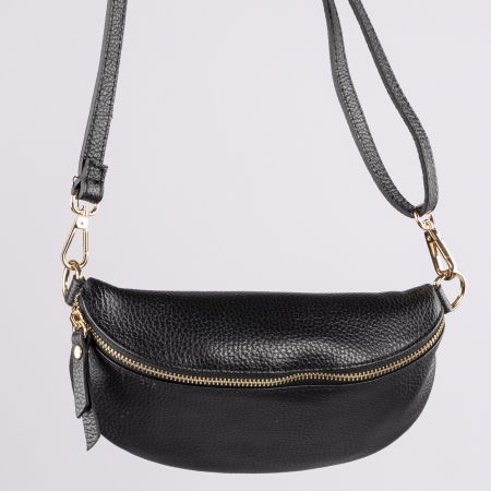 Genți - Borseta din piele naturala cu fermoar si bareta reglabila, neagra