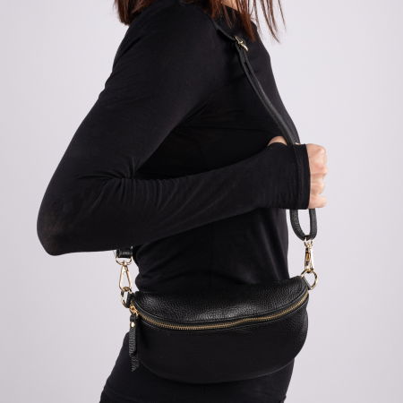 Borseta din piele naturala cu fermoar si bareta reglabila, neagra [3]