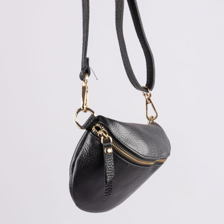 Borseta din piele naturala cu fermoar si bareta reglabila, neagra [1]