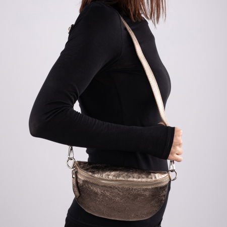 Borseta din piele naturala cu fermoar si bareta reglabila, auriu inchis [2]