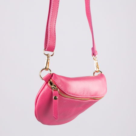 Borseta din piele naturala cu fermoar si bareta reglabila, fucsia [2]