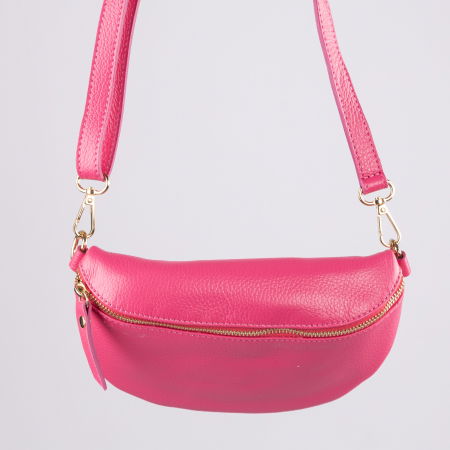 Borsete - Borseta din piele naturala cu fermoar si bareta reglabila, fucsia