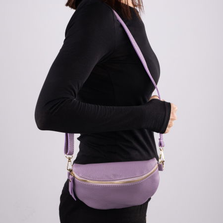 Borseta din piele naturala cu fermoar si bareta reglabila, mov deschis [2]