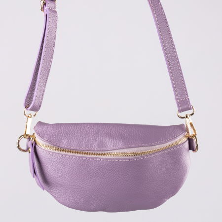Genți - Borseta din piele naturala cu fermoar si bareta reglabila, mov deschis