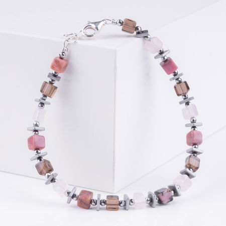 Bratara argint cu cuburi de cuart roz, rodonit, cuart fumuriu si hematit [1]