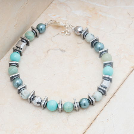 Brățari Argint - Bratara argint cu jasp kiwi, perle, amazonit si hematit