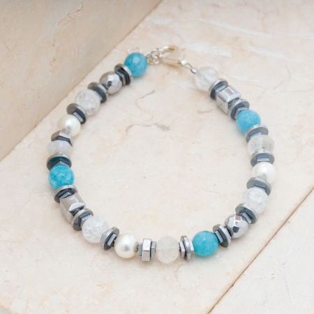 Brățari Argint - Bratara argint cu jad vopsit, perle, cuart de stanca si hematit