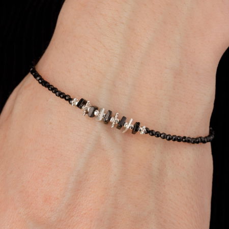 Bratara argint cu spinel negru de 2 mm si placute de turmalina neagra si argint [1]