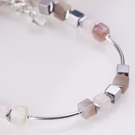 Bratara argint cu tuburi si serii de 5 cubulete din agate de Botswana si hematit [1]