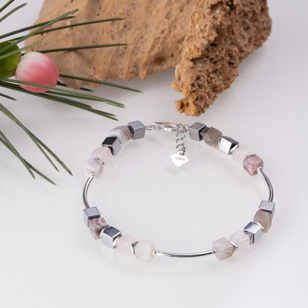 BIJUTERII - Bratara argint cu tuburi si serii de 5 cubulete din agate de Botswana si hematit