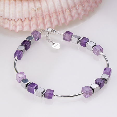 Brățari Argint - Bratara argint cu tuburi si serii de 5 cubulete din ametist si hematit