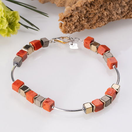 BIJUTERII - Bratara argint cu tuburi si serii de 5 cubulete din coral si hematit auriu
