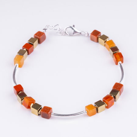 Brățari Argint - Bratara argint cu tuburi si serii de 5 cubulete din carneol, piatra lunii si hematit auriu
