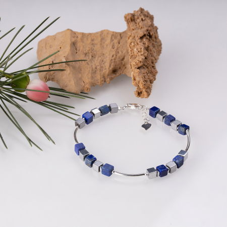 BIJUTERII - Bratara argint cu tuburi si serii de 5 cubulete din lapis lazuli si hematit