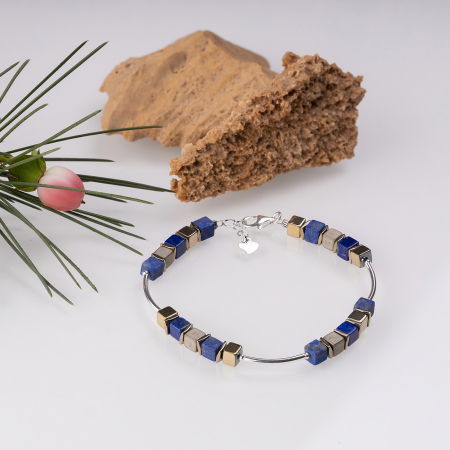 BIJUTERII - Bratara argint cu tuburi si serii de 5 cubulete din lapis lazuli si hematit auriu