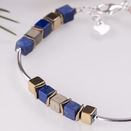 Bratara argint cu tuburi si serii de 5 cubulete din lapis lazuli si hematit auriu [1]