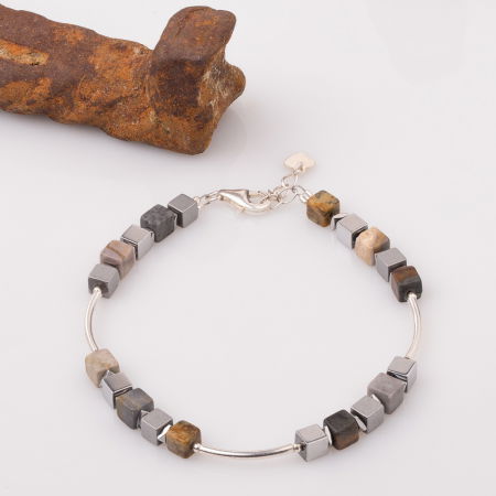 Brățari Argint - Bratara argint cu tuburi si serii de 5 cubulete jaspuri si hematit